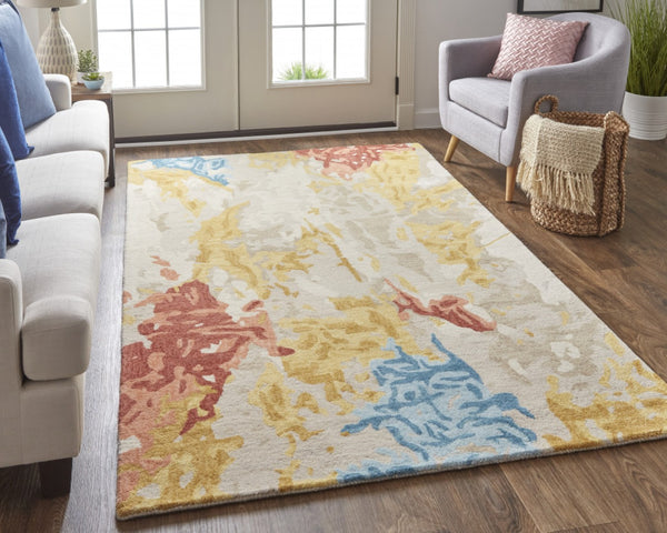 HomeRoots 4' Handmade Abstract Wool Area Rug in Ivory, Yellow & Blue - Stain-Resistant, Perfect for Any Room 8' X 10' 513637