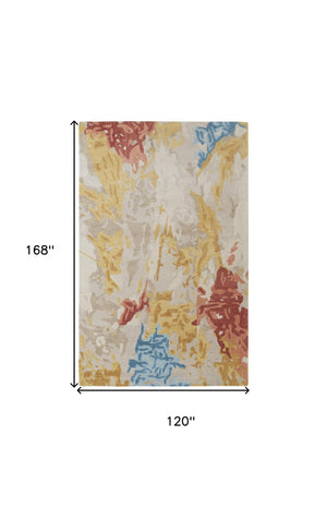 HomeRoots 4' Handmade Abstract Wool Area Rug in Ivory, Yellow & Blue - Stain-Resistant, Perfect for Any Room 10' X 14' 513639