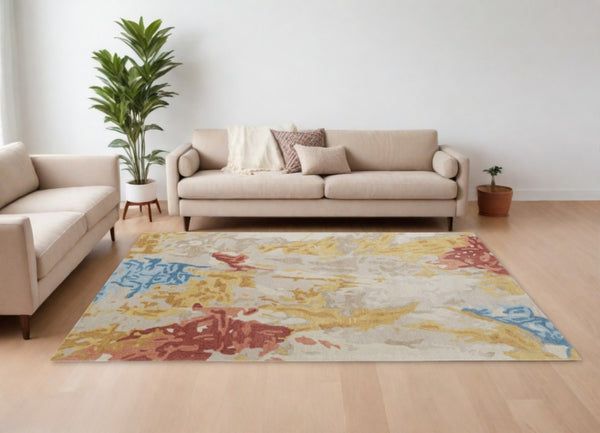 HomeRoots 4' Handmade Abstract Wool Area Rug in Ivory, Yellow & Blue - Stain-Resistant, Perfect for Any Room 10' X 14' 513639