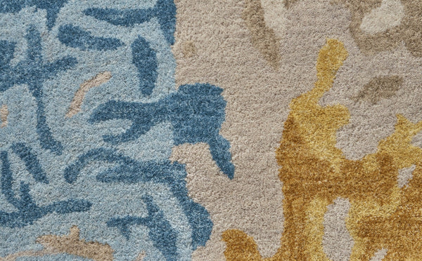 HomeRoots 4' Handmade Abstract Wool Area Rug in Ivory, Yellow & Blue - Stain-Resistant, Perfect for Any Room 10' X 14' 513639
