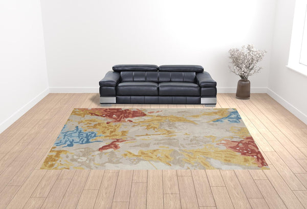 HomeRoots 4' Handmade Abstract Wool Area Rug in Ivory, Yellow & Blue - Stain-Resistant, Perfect for Any Room 12' X 15' 513640