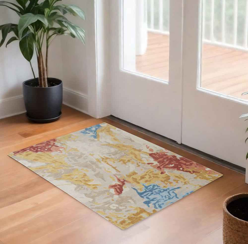 Homeroots 2' X 3' Handmade Abstract Wool Area Rug In Ivory Yellow & Blue - Stain Resistant & Stylish Design 2' X 3' Wool 513641