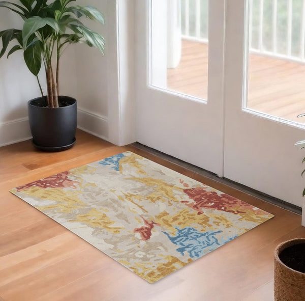 Homeroots 2' X 3' Handmade Abstract Wool Area Rug In Ivory Yellow & Blue - Stain Resistant & Stylish Design 2' X 3' Wool 513641