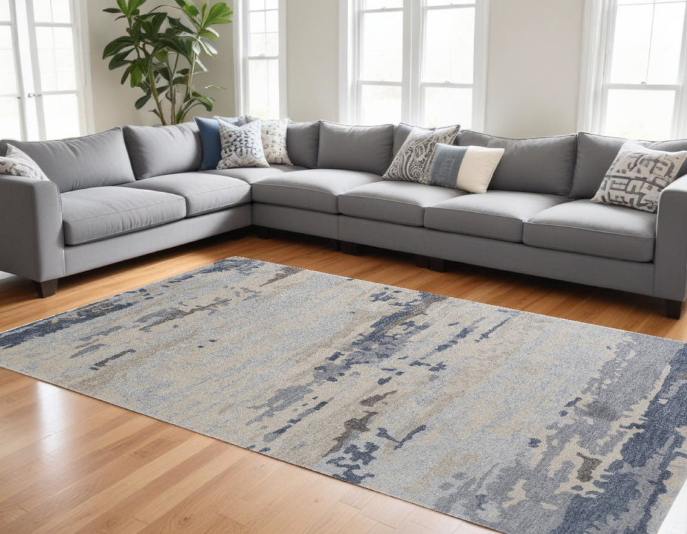 HomeRoots 4' Handmade Wool Area Rug – Abstract Blue-Gray and Ivory Design, Stain Resistant for Modern Spaces 12' X 15' 513647