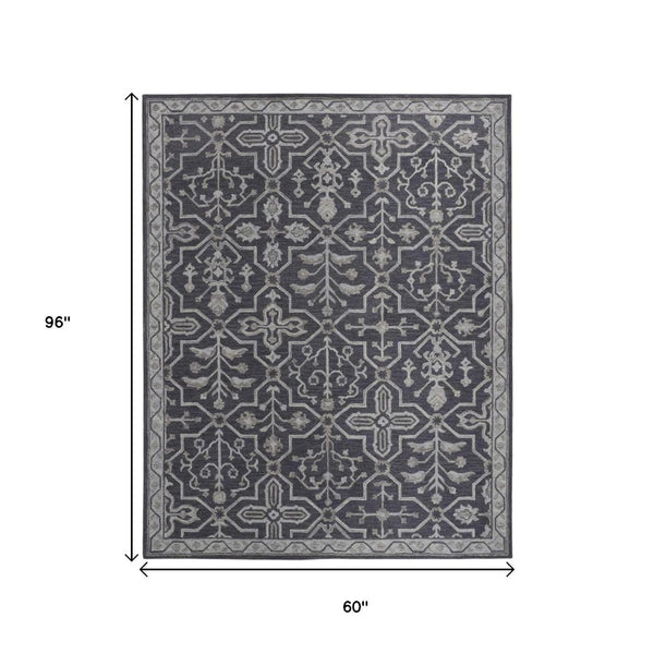 HomeRoots 5' Elegant Blue Gray Floral Hand-Tufted Wool Area Rug - Durable, Stain-Resistant, Unique Design 5' X 8' 513662