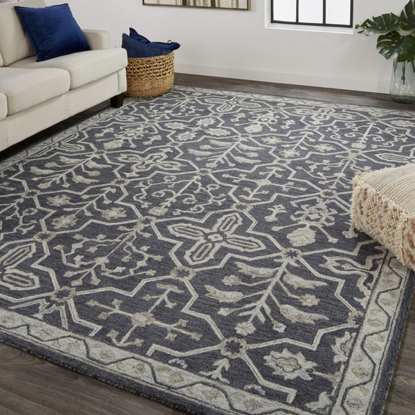 HomeRoots 5' Elegant Blue Gray Floral Hand-Tufted Wool Area Rug - Durable, Stain-Resistant, Unique Design 5' X 8' 513662