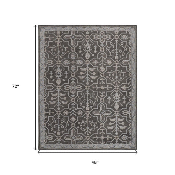 HomeRoots 5' Elegant Blue Gray Floral Hand-Tufted Wool Area Rug - Durable, Stain-Resistant, Unique Design 4' X 6' 513667