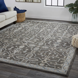 HomeRoots 5' Elegant Blue Gray Floral Hand-Tufted Wool Area Rug - Durable, Stain-Resistant, Unique Design 4' X 6' 513667