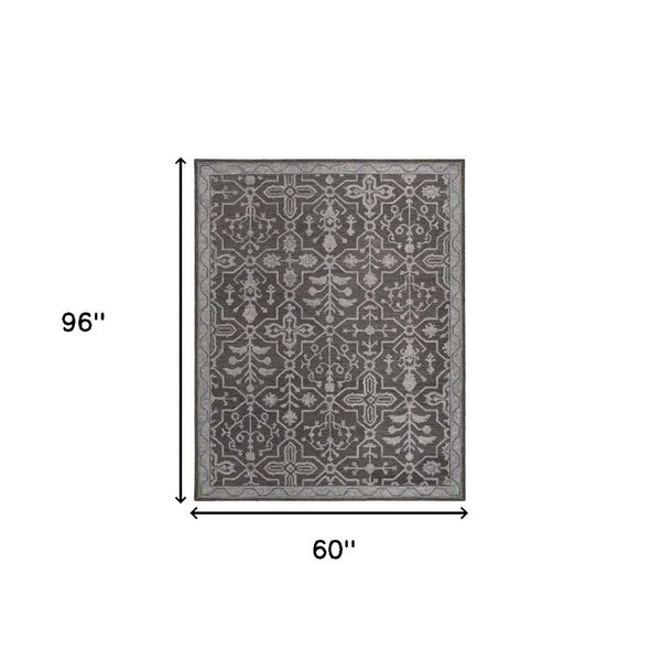 HomeRoots 5' Elegant Blue Gray Floral Hand-Tufted Wool Area Rug - Durable, Stain-Resistant, Unique Design 5' X 8' 513668
