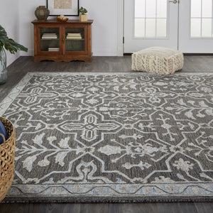 HomeRoots 5' Elegant Blue Gray Floral Hand-Tufted Wool Area Rug - Durable, Stain-Resistant, Unique Design 8' X 10' 513669
