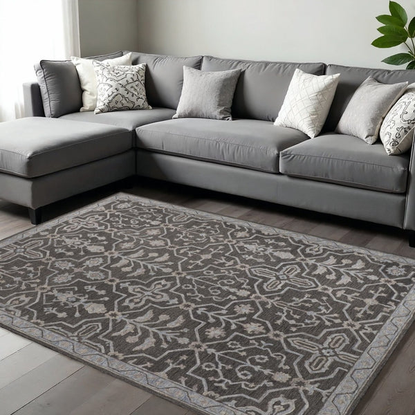 HomeRoots 5' Elegant Blue Gray Floral Hand-Tufted Wool Area Rug - Durable, Stain-Resistant, Unique Design 10' x 14' 513671