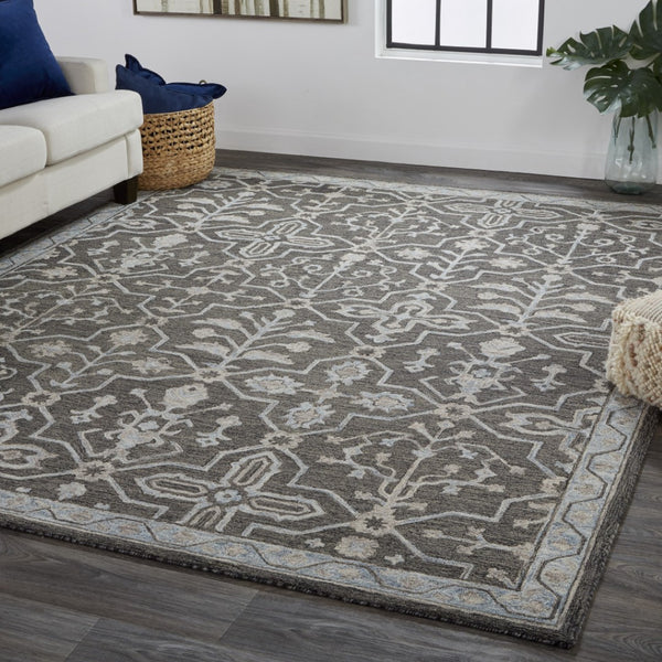 HomeRoots 5' Elegant Blue Gray Floral Hand-Tufted Wool Area Rug - Durable, Stain-Resistant, Unique Design 10' x 14' 513671