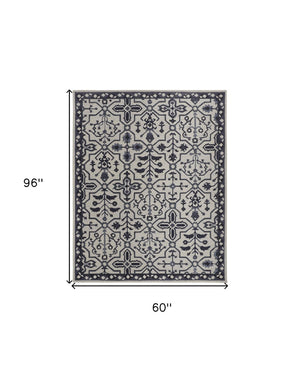 HomeRoots 5' Elegant Blue Gray Floral Hand-Tufted Wool Area Rug - Durable, Stain-Resistant, Unique Design 5' X 8' 513674