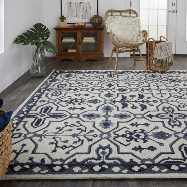 HomeRoots 5' Elegant Blue Gray Floral Hand-Tufted Wool Area Rug - Durable, Stain-Resistant, Unique Design 8' X 10' 513675