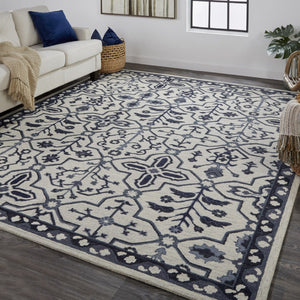 HomeRoots 5' Elegant Blue Gray Floral Hand-Tufted Wool Area Rug - Durable, Stain-Resistant, Unique Design 9' X 12' 513676