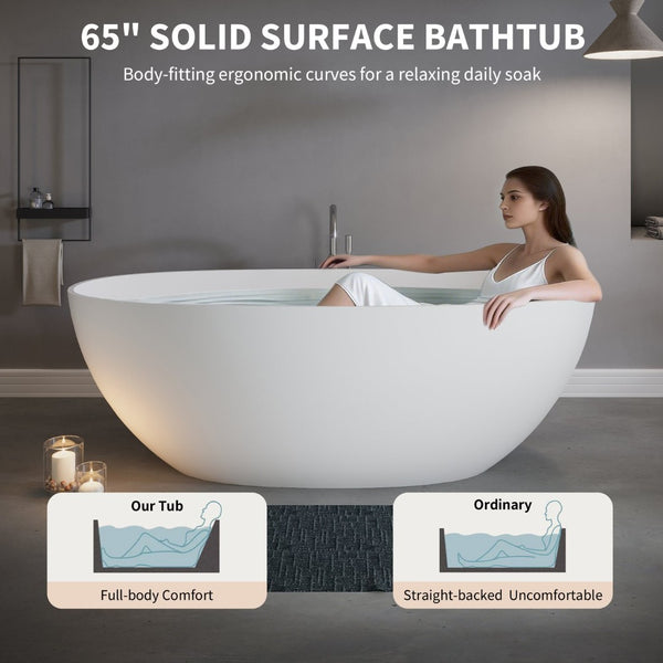 English Elm 65" Stone Resin Freestanding Soaking Tub Matte Sculptural Spa Bath Luxury W1920P410094