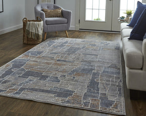 HomeRoots 12' Contemporary Blue-Gray and Orange Geometric Power Loom Area Rug for Modern Homes & Durability 12' X 15' 513695