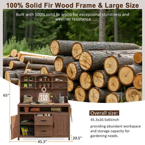 English Elm (with Hutch) Topmax Solid Fir Outdoor Potting Bench Station Cabinets Drawers Patio Garden Brown N717P404332D