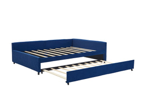 English Elm Upholstered Velvet Daybed with Pull Out Trundle Diamond Tufted Guest Bedroom Sofa Navy W1361S00068