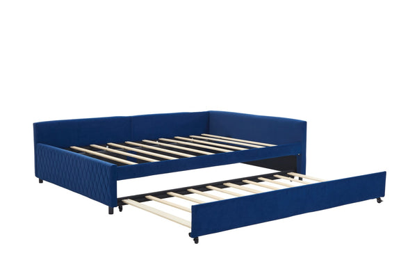 English Elm Upholstered Velvet Daybed with Pull Out Trundle Diamond Tufted Guest Bedroom Sofa Navy W1361S00068