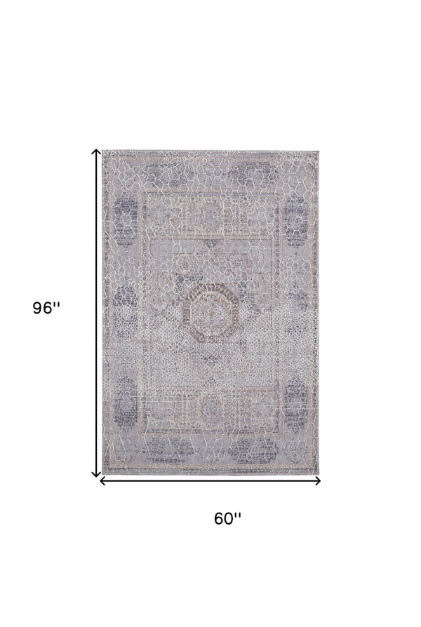 Homeroots 5' X 8' Gray And Ivory Floral Power Loom Distressed Area Rug  Polyester 513725