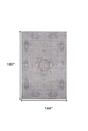 Homeroots 12' X 15' Gray And Ivory Floral Power Loom Distressed Stain Resistant Area Rug  Polyester 513731