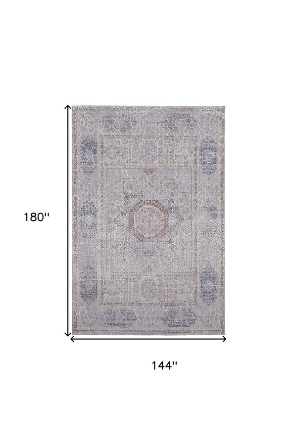 Homeroots 12' X 15' Gray And Ivory Floral Power Loom Distressed Stain Resistant Area Rug  Polyester 513731