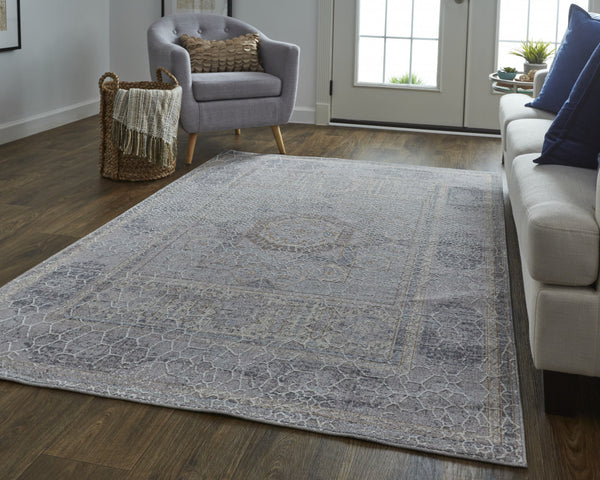 Homeroots 12' X 15' Gray And Ivory Floral Power Loom Distressed Stain Resistant Area Rug  Polyester 513731