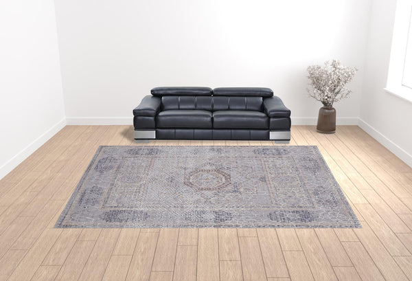 Homeroots 12' X 15' Gray And Ivory Floral Power Loom Distressed Stain Resistant Area Rug  Polyester 513731