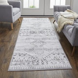 Homeroots 8' Ivory And Gray Geometric Power Loom Distressed Stain Resistant Runner Rug  Polyester 513757