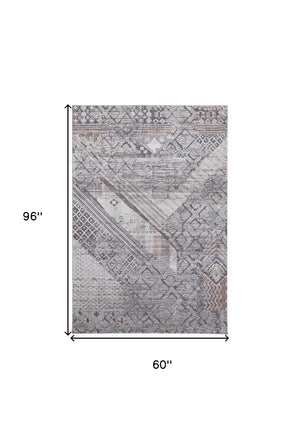 Homeroots 5' X 8' Gray And Ivory Geometric Power Loom Distressed Area Rug  Polyester 513770