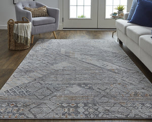 Homeroots 7' X 9' Gray And Ivory Geometric Power Loom Distressed Area Rug  Polyester 513772