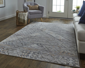 Homeroots 7' X 9' Gray And Ivory Geometric Power Loom Distressed Area Rug  Polyester 513772