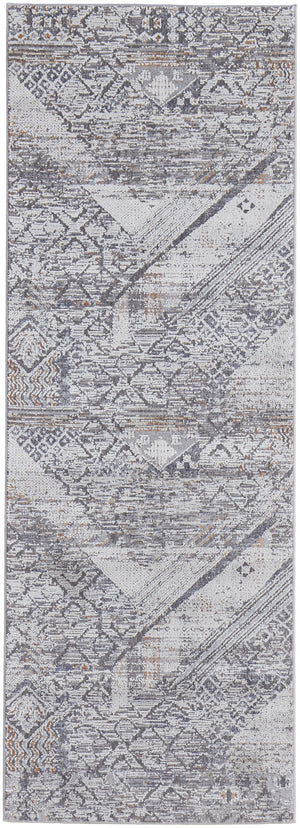 Homeroots 8' Ivory And Gray Geometric Power Loom Distressed Stain Resistant Runner Rug  Polyester 513775
