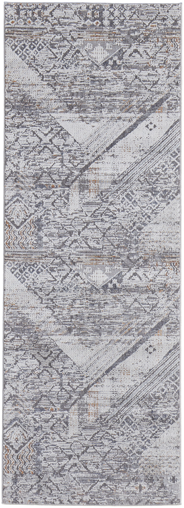 Homeroots 8' Ivory And Gray Geometric Power Loom Distressed Stain Resistant Runner Rug  Polyester 513775