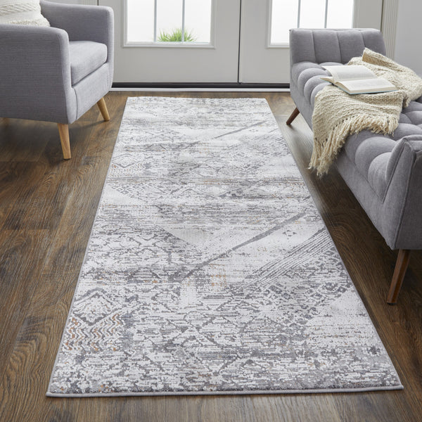Homeroots 8' Ivory And Gray Geometric Power Loom Distressed Stain Resistant Runner Rug  Polyester 513775