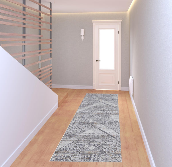 Homeroots 8' Ivory And Gray Geometric Power Loom Distressed Stain Resistant Runner Rug  Polyester 513775