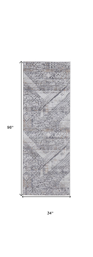 Homeroots 8' Ivory And Gray Geometric Power Loom Distressed Stain Resistant Runner Rug  Polyester 513775