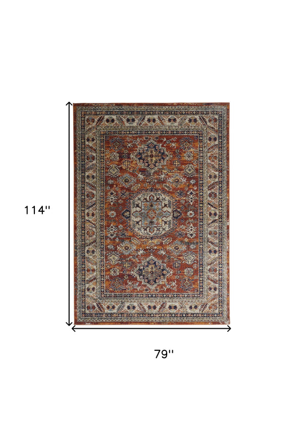 Homeroots 7' X 10' Red Orange Floral Non Skid Area Rug Red,Orange,Ivory Polypropylene 513786