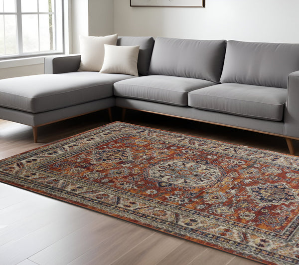 Homeroots 7' X 10' Red Orange Floral Non Skid Area Rug Red,Orange,Ivory Polypropylene 513786