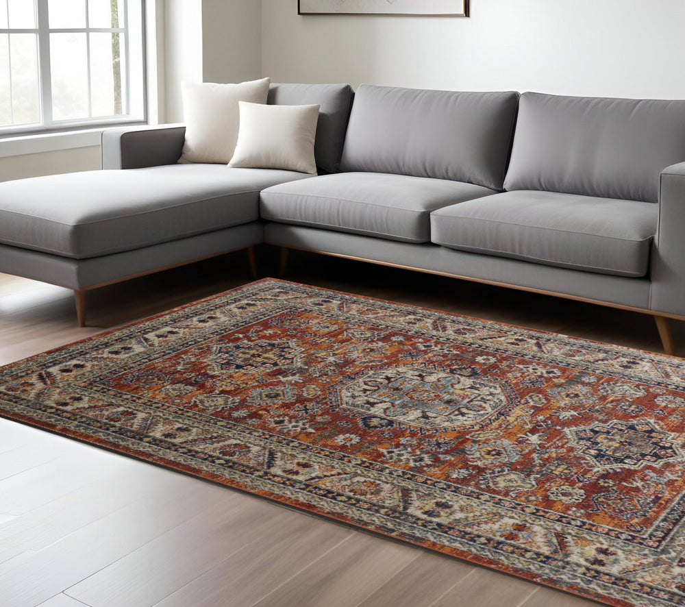 Homeroots 8' X 11' Red Orange Floral Non Skid Area Rug Red,Orange,Ivory Polypropylene 513787