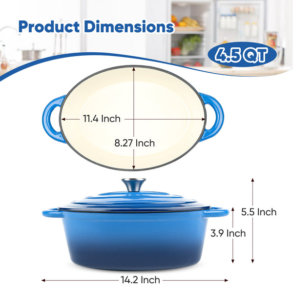 English Elm The oval dutch oven 11.4" 3.5L Blue Enamel Cast Iron, Nonstick Easy-Clean, Even Heat & Moisture Locking T3950P391586
