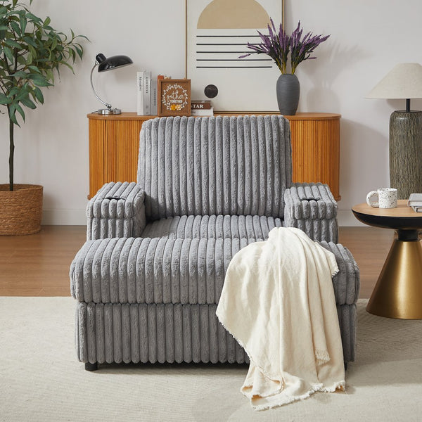 English Elm 42.5-inch corduroy single recliner with cup holder, storage ottoman, plush back pillow for lounging Grey W834P375123