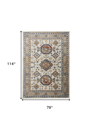 Homeroots 7' X 10' Ivory And Blue Floral Non Skid Area Rug Ivory,Orange,Blue Polypropylene 513800