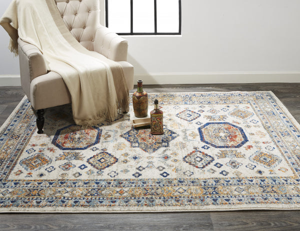 Homeroots 8' X 11' Ivory And Blue Floral Non Skid Area Rug Ivory,Orange,Blue Polypropylene 513801