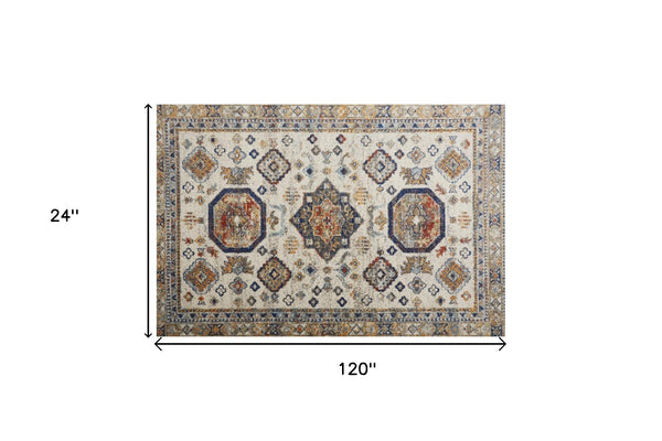 Homeroots 10' Ivory Orange And Blue Floral Stain Resistant Runner Rug Ivory,Orange,Blue Polypropylene 513804