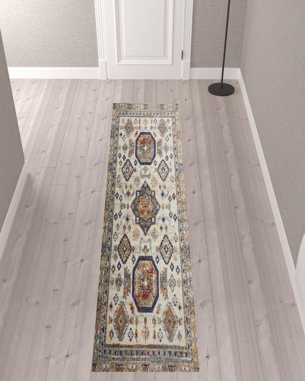 Homeroots 10' Ivory Orange And Blue Floral Stain Resistant Runner Rug Ivory,Orange,Blue Polypropylene 513804