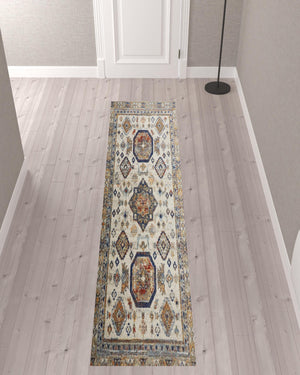 Homeroots 10' Ivory Orange And Blue Floral Stain Resistant Runner Rug Ivory,Orange,Blue Polypropylene 513804