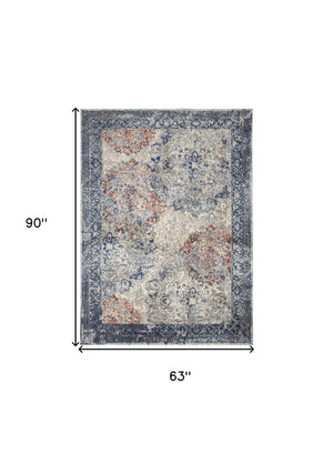 Homeroots 5' X 8' Blue Ivory And Red Floral Power Loom Distressed Stain Resistant Area Rug  Polypropylene 513811