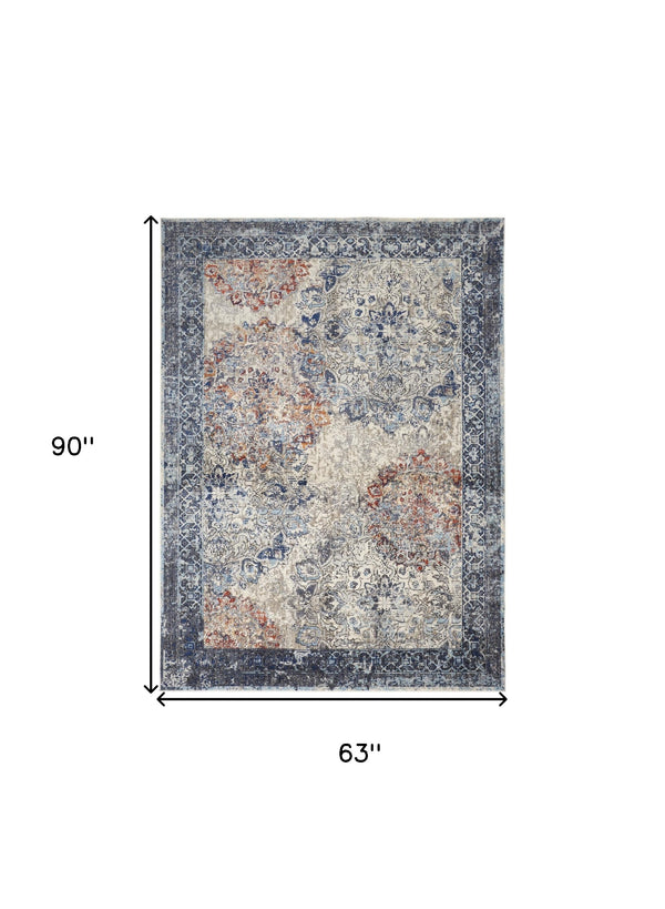 Homeroots 5' X 8' Blue Ivory And Red Floral Power Loom Distressed Stain Resistant Area Rug  Polypropylene 513811